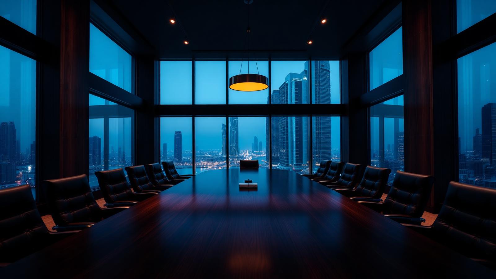 Executive boardroom overlooking financial district
